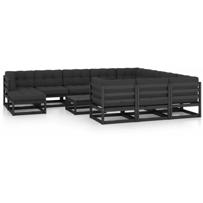 

Juego de muebles de jardín 12 pzas y cojines negro madera pino