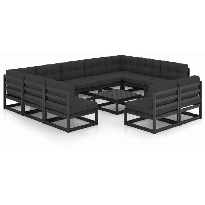 

Juego de muebles de jardín 12 pzas y cojines negro madera pino