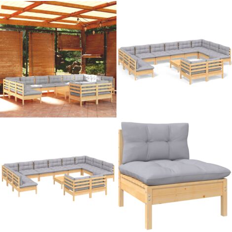 Juego de muebles de jardín 13 pzas y cojines madera pino gris - Muebles de exterior - Cojines de jardín
