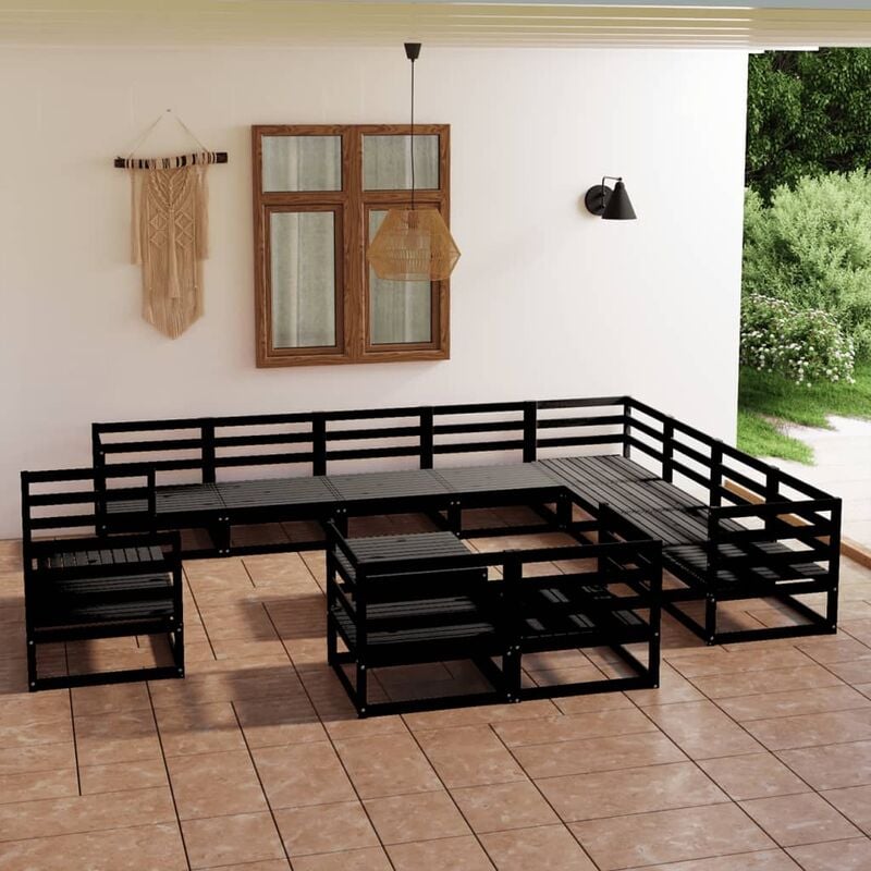 

Juego de muebles de jardín 13 pzas y cojines negro madera pino