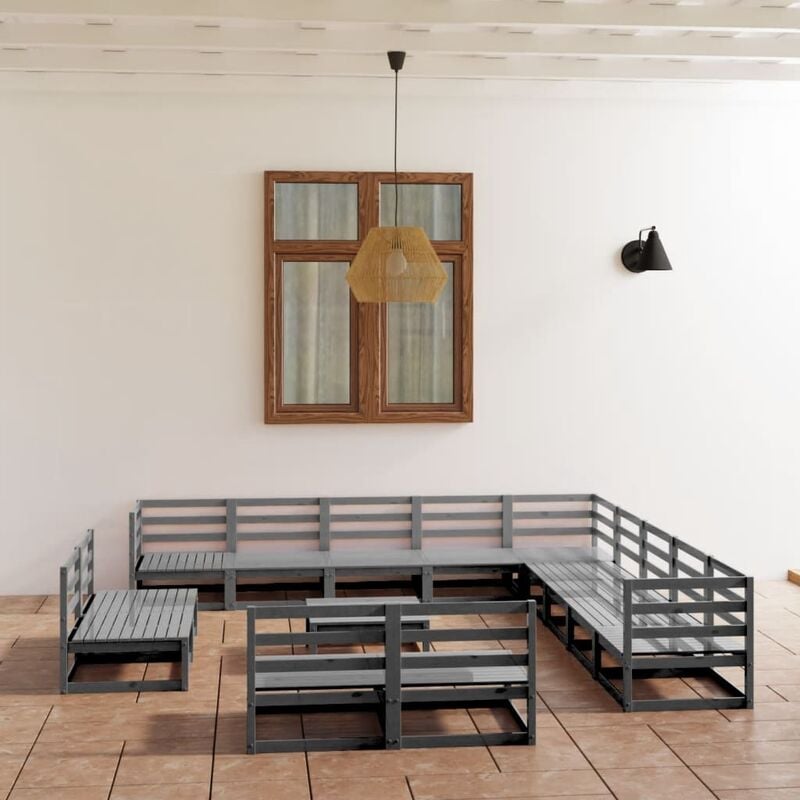 

Juego de muebles de jardín 14 pzas y cojines gris madera pino