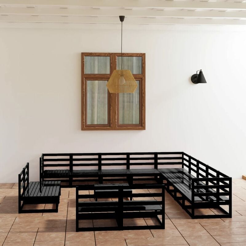 

Juego de muebles de jardín 14 pzas y cojines negro madera pino