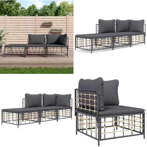 Juego de muebles de jardín 3 pzas cojines antracita ratán PE - Muebles de jardín - Sofás para terraza