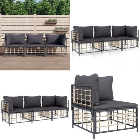 Juego de muebles de jardín 3 pzas cojines antracita ratán PE - Muebles de jardín - Sofás para terraza