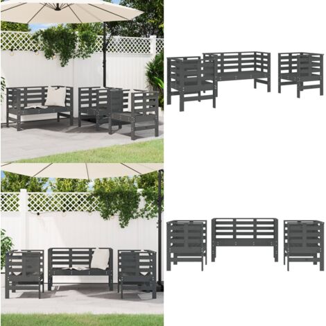 Juego de muebles de jardín 3 pzas madera maciza de pino gris - Sillas de jardín - Banco de jardín
