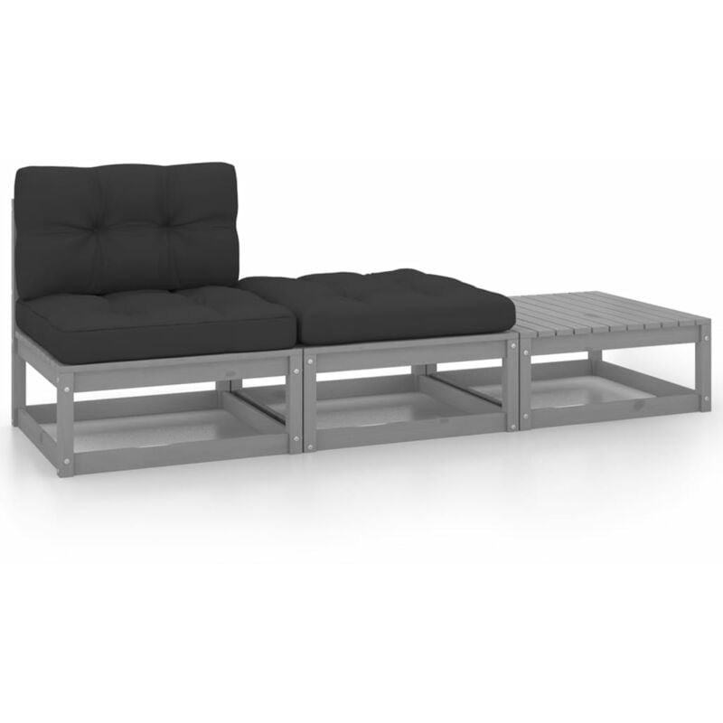 

Juego de muebles de jardín 3 pzas y cojines gris madera pino