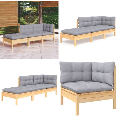 Juego de muebles de jardín 3 pzas y cojines madera maciza pino - Cojines de madera - Muebles de exterior