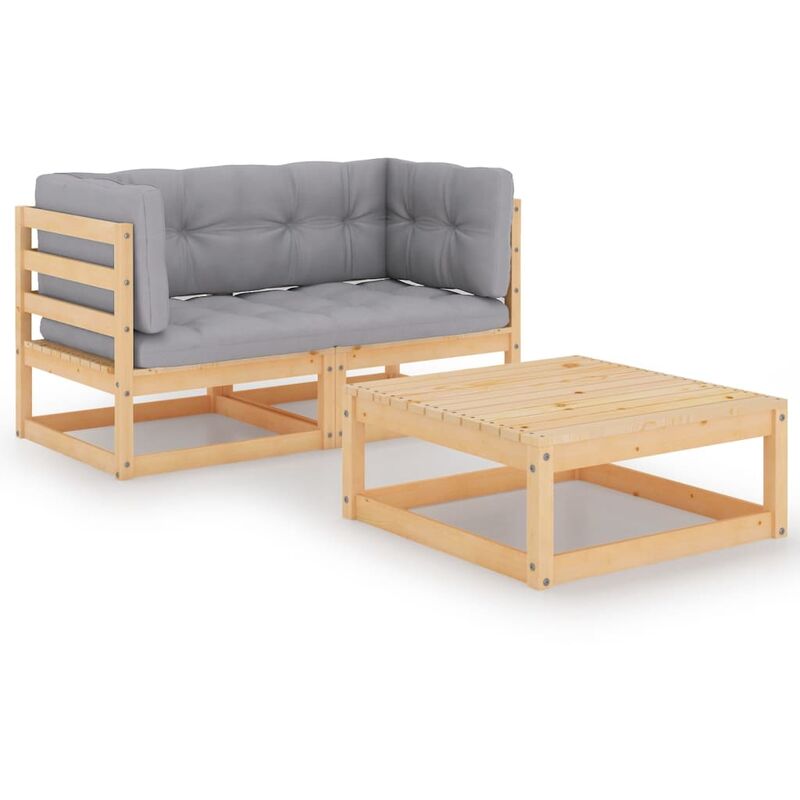 

Juego de muebles de jardín 3 pzas y cojines madera pino maciza
