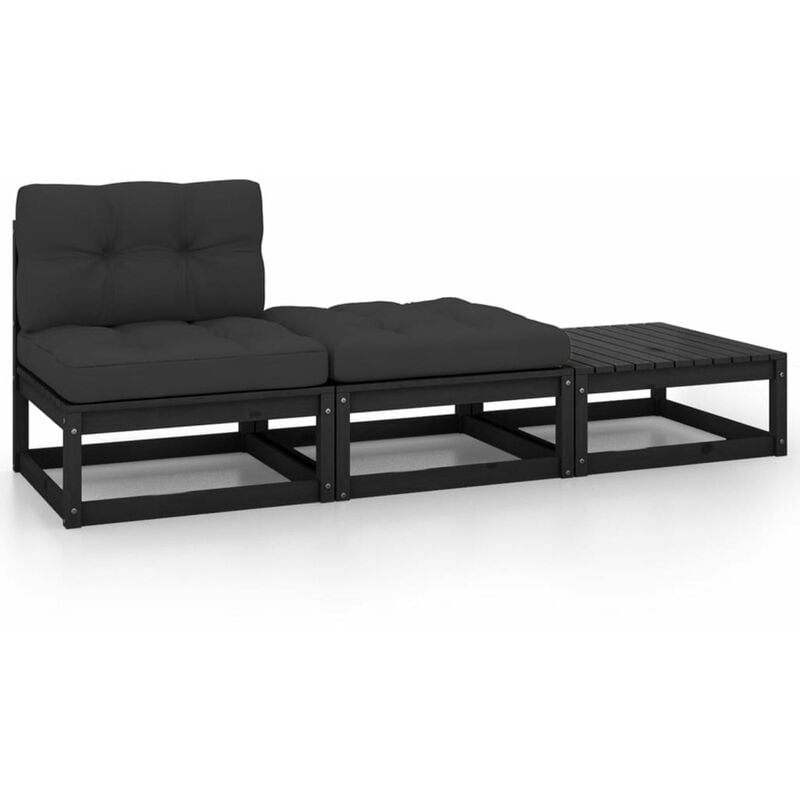 

Happyshopping - Juego de muebles de jardin 3 pzas y cojines negro madera pino