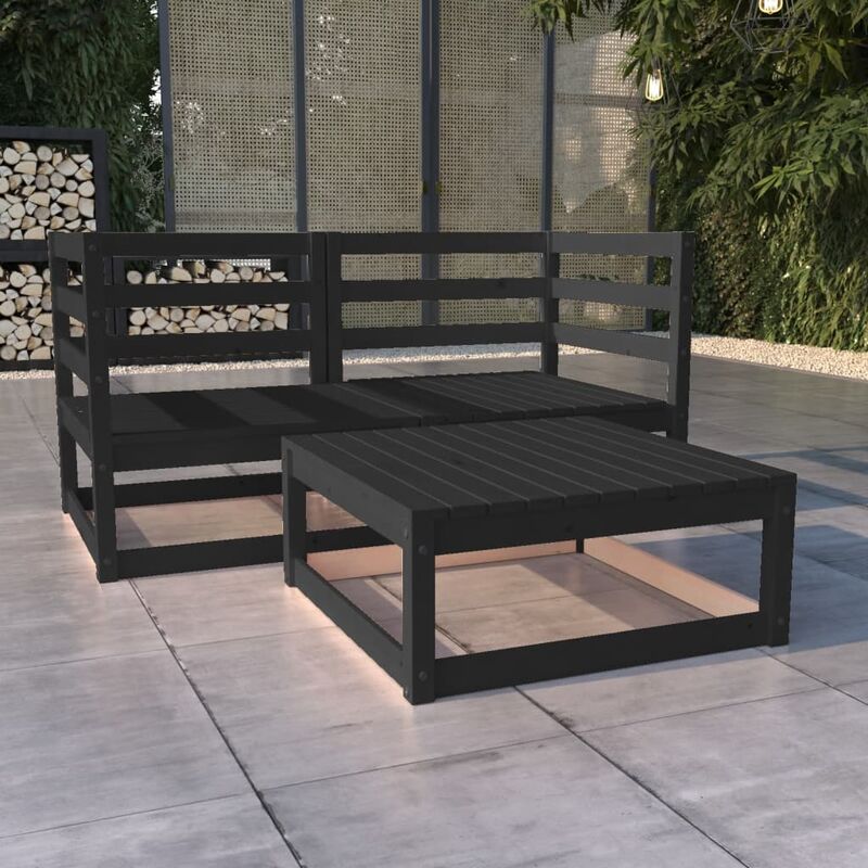 

Juego de muebles de jardín 3 pzas y cojines negro madera pino
