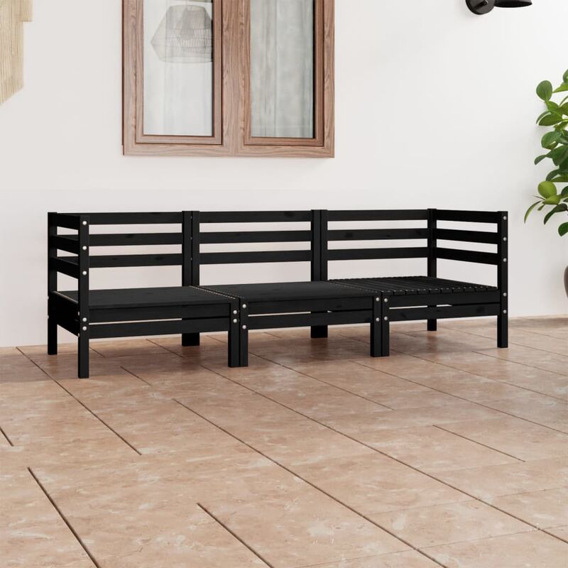 

Juego de muebles de jardín 3 pzas y cojines negro madera pino