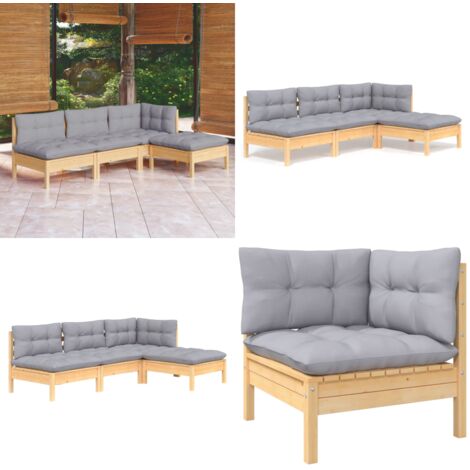 Juego de muebles de jardín 4 pzas y cojines madera pino gris - Muebles de exterior - Cojines de jardín