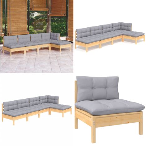 Juego de muebles de jardín 5 pzas y cojines madera pino gris - Muebles de exterior - Cojines de jardín