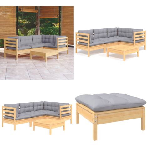 Juego de muebles de jardín 5 pzas y cojines madera pino gris - Muebles de exterior - Cojines de jardín