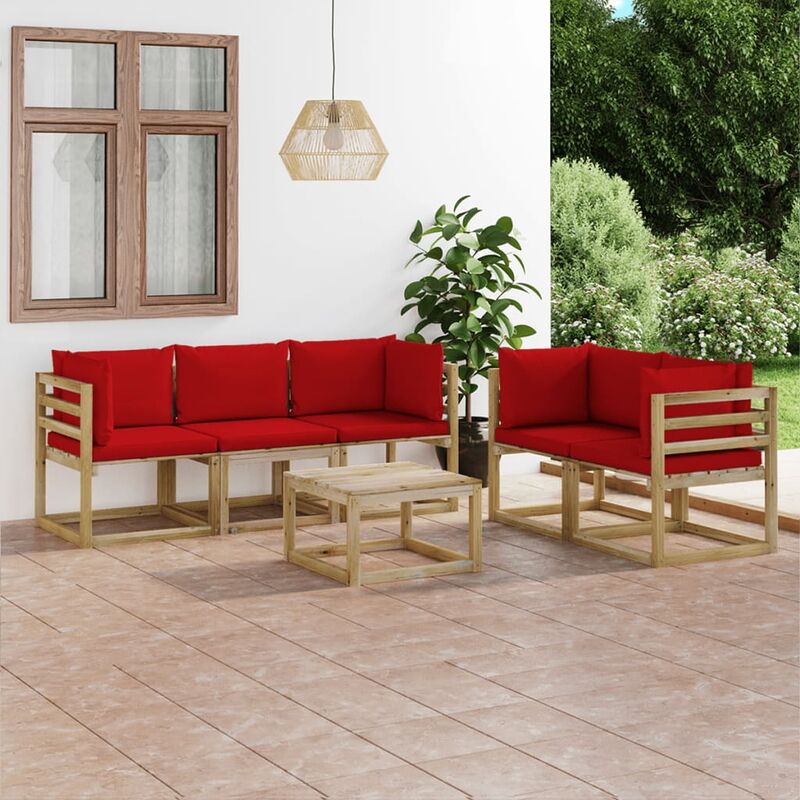 

Juego de muebles de jardín 6 piezas con cojines rojo