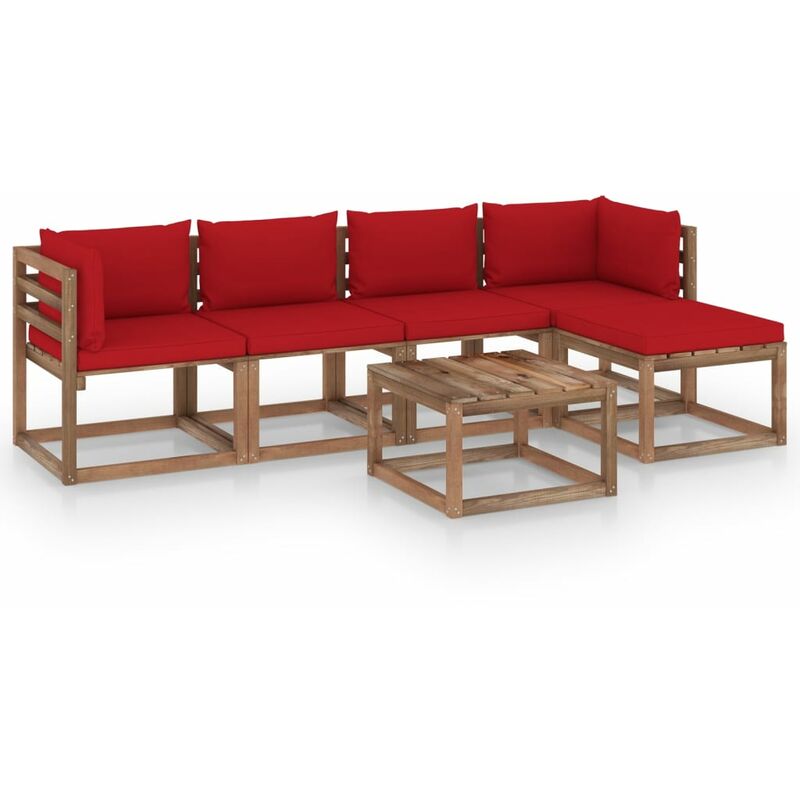 

Juego de muebles de jardín 6 piezas con cojines rojos