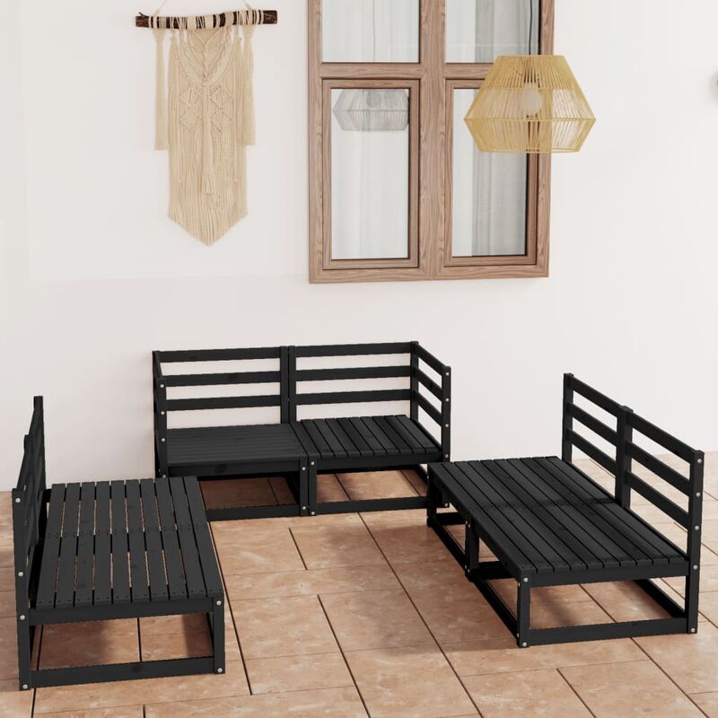 

Juego de muebles de jardín 6 piezas negro madera maciza de pino