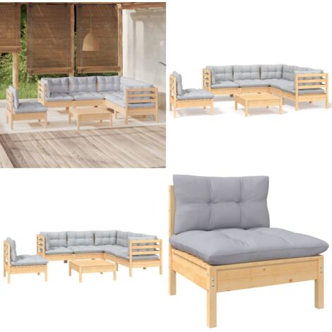 Juego de muebles de jardín 6 pzas y cojines madera pino gris - Muebles de exterior - Cojines de jardín