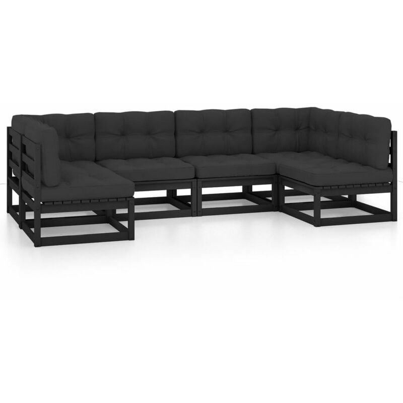 

Happyshopping - Juego de muebles de jardin 6 pzas y cojines negro madera pino