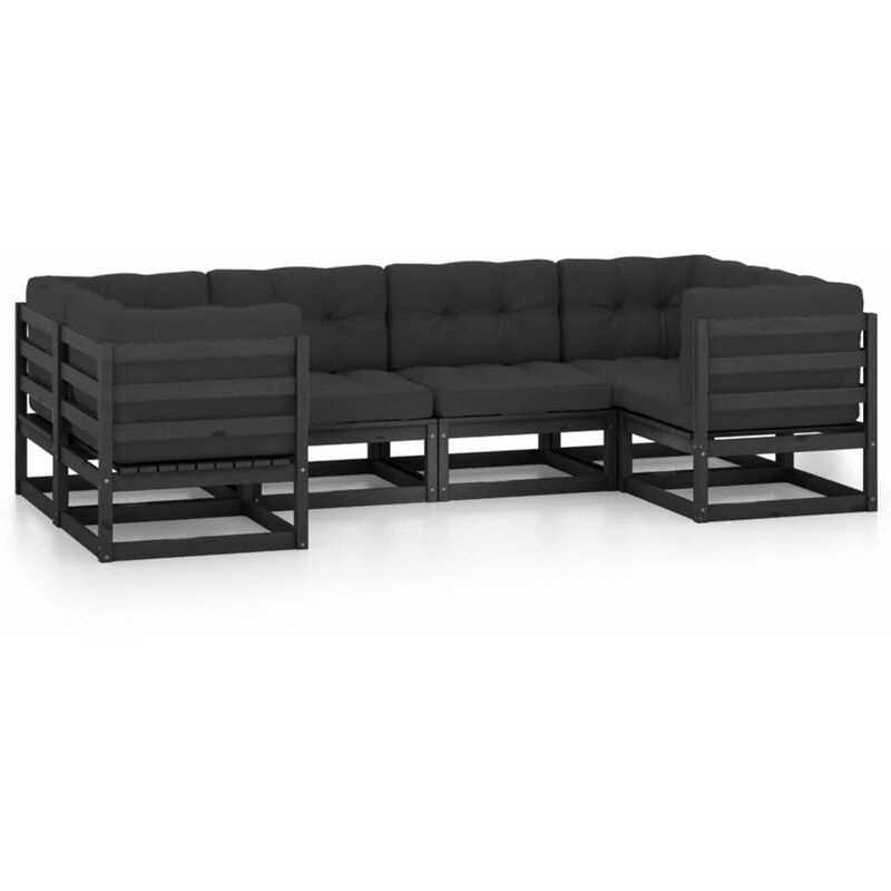 

Happyshopping - Juego de muebles de jardin 6 pzas y cojines negro madera pino