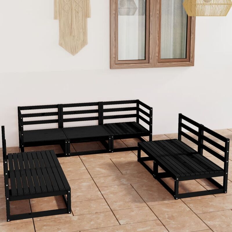 

Juego de muebles de jardín 7 piezas negro madera maciza de pino