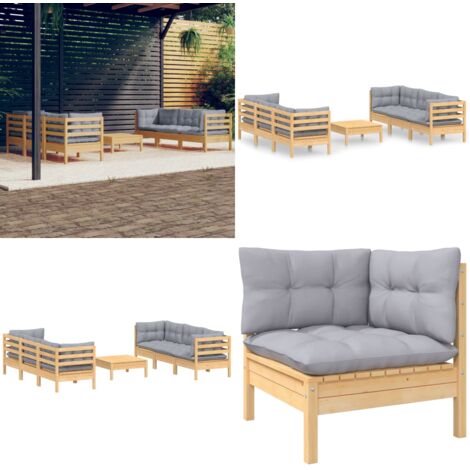Juego de muebles de jardín 7 pzas y cojines madera de pino gris - Muebles de exterior - Cojines de jardín