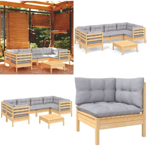 Juego de muebles de jardín 7 pzas y cojines madera de pino gris - Muebles de exterior - Cojines de jardín