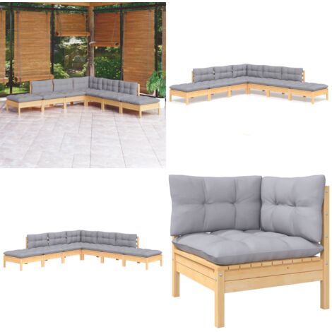 Juego de muebles de jardín 7 pzas y cojines madera pino gris - Muebles de exterior - Cojines de jardín