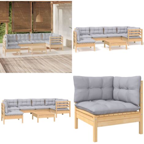 Juego de muebles de jardín 7 pzas y cojines madera pino gris - Muebles de exterior - Cojines de jardín