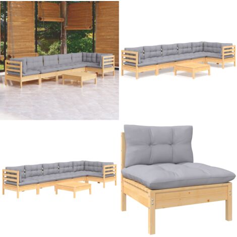 Juego de muebles de jardín 7 pzas y cojines madera pino gris - Muebles de exterior - Cojines de jardín