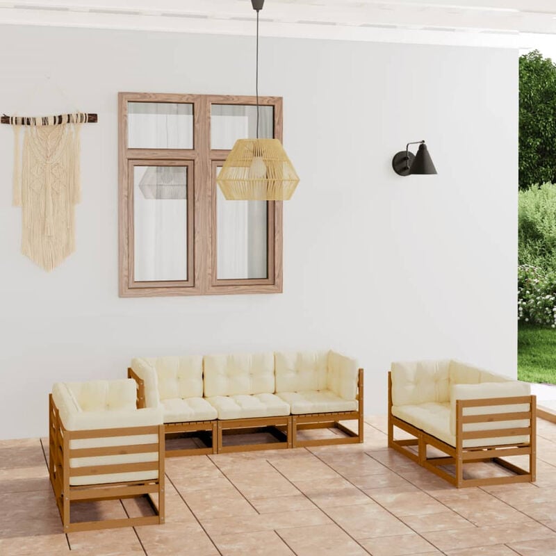 

Happyshopping - Juego de muebles de jardin 7 pzas y cojines madera pino maciza