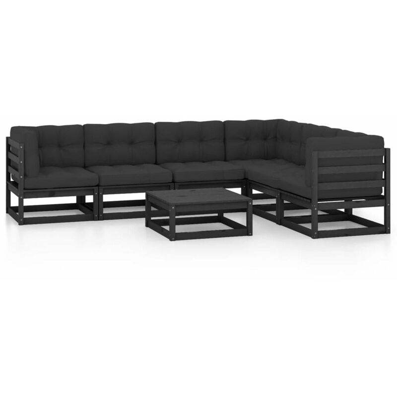 

Juego de muebles de jardin 7 pzas y cojines negro madera pino