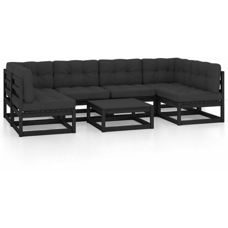 

Happyshopping - Juego de muebles de jardin 7 pzas y cojines negro madera pino