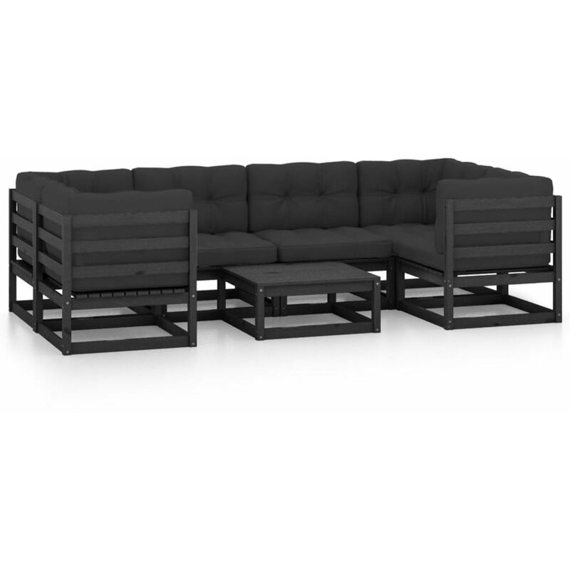 

Happyshopping - Juego de muebles de jardin 7 pzas y cojines negro madera pino