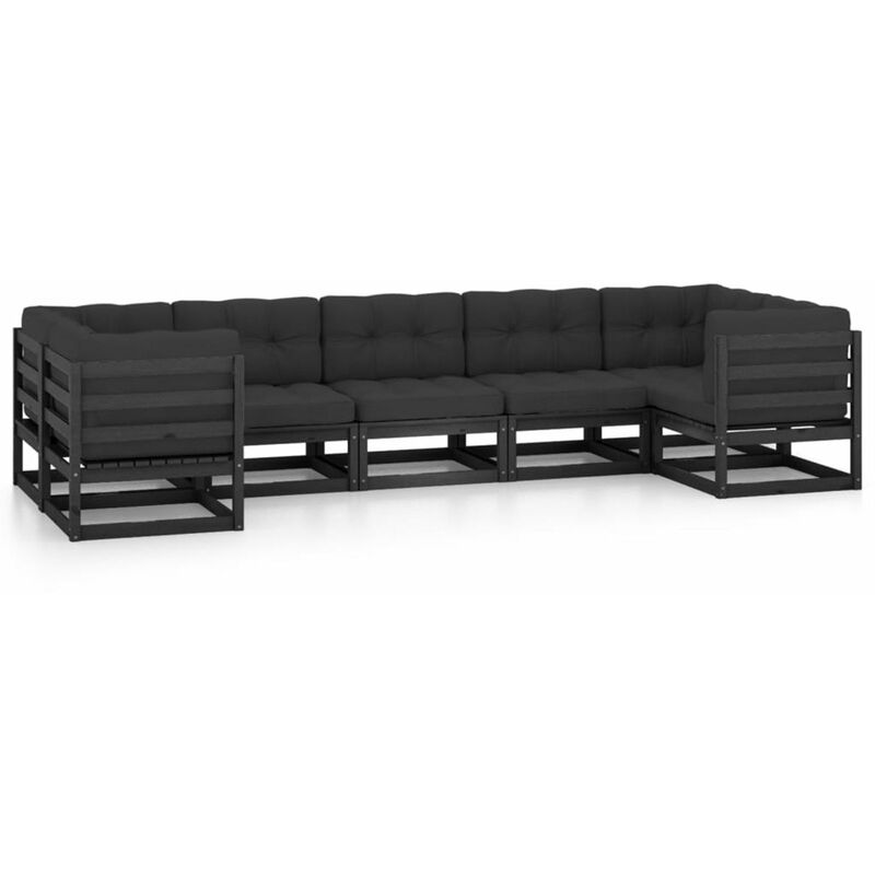 

Happyshopping - Juego de muebles de jardin 7 pzas y cojines negro madera pino