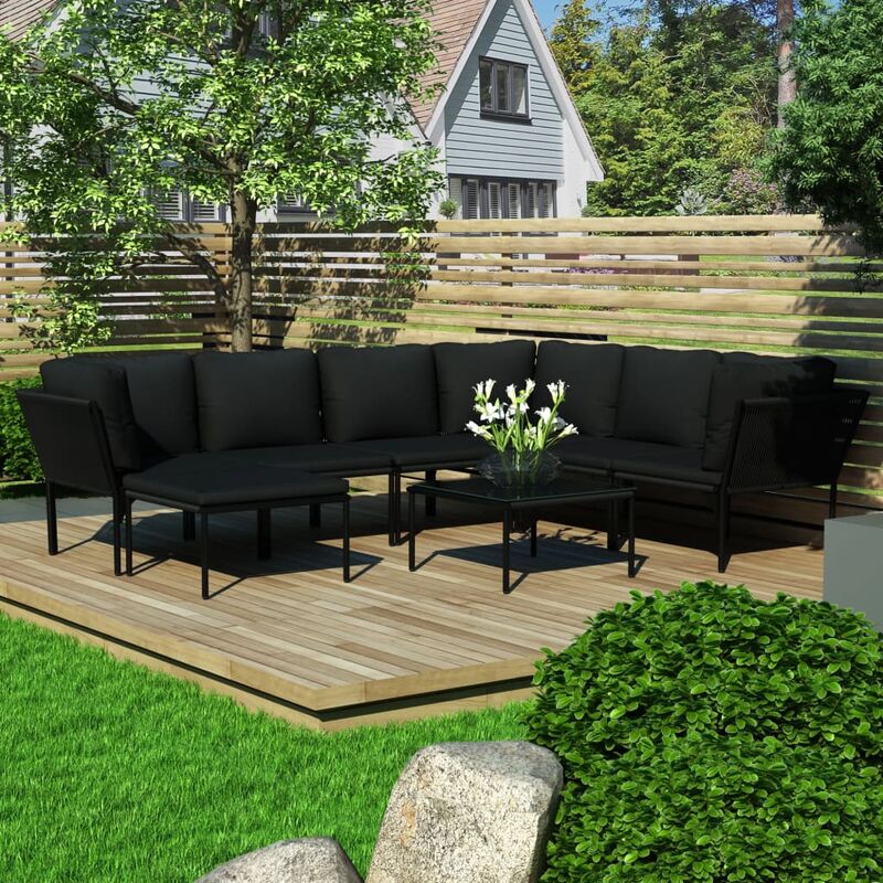 

Juego de muebles de jardín 8 piezas con cojines PVC negro
