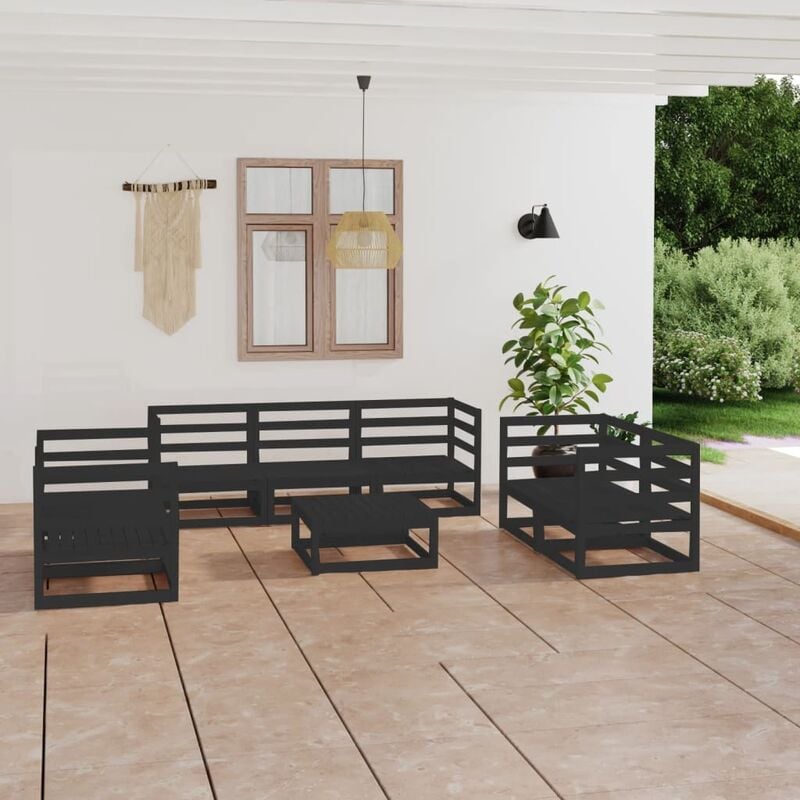 

Juego de muebles de jardín 8 piezas negro madera maciza de pino