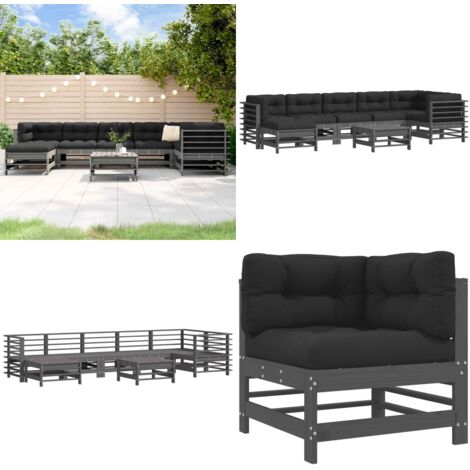 Juego de muebles de jardín 8 pzas y cojines madera maciza gris - Cojines de jardín - Muebles de exterior