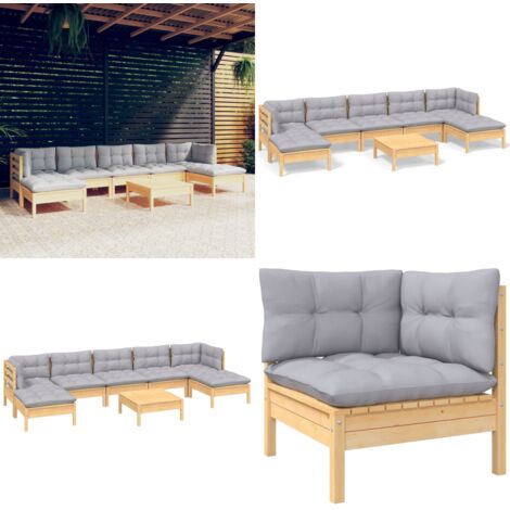 Juego de muebles de jardín 8 pzas y cojines madera pino gris - Muebles de exterior - Cojines de jardín