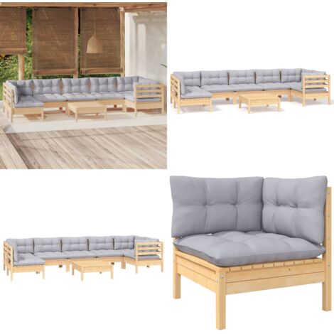 Juego de muebles de jardín 8 pzas y cojines madera pino gris - Muebles de exterior - Cojines de jardín