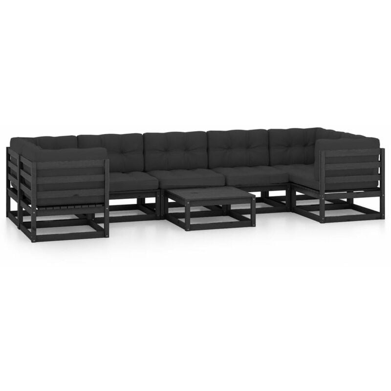 

Happyshopping - Juego de muebles de jardin 8 pzas y cojines negro madera pino