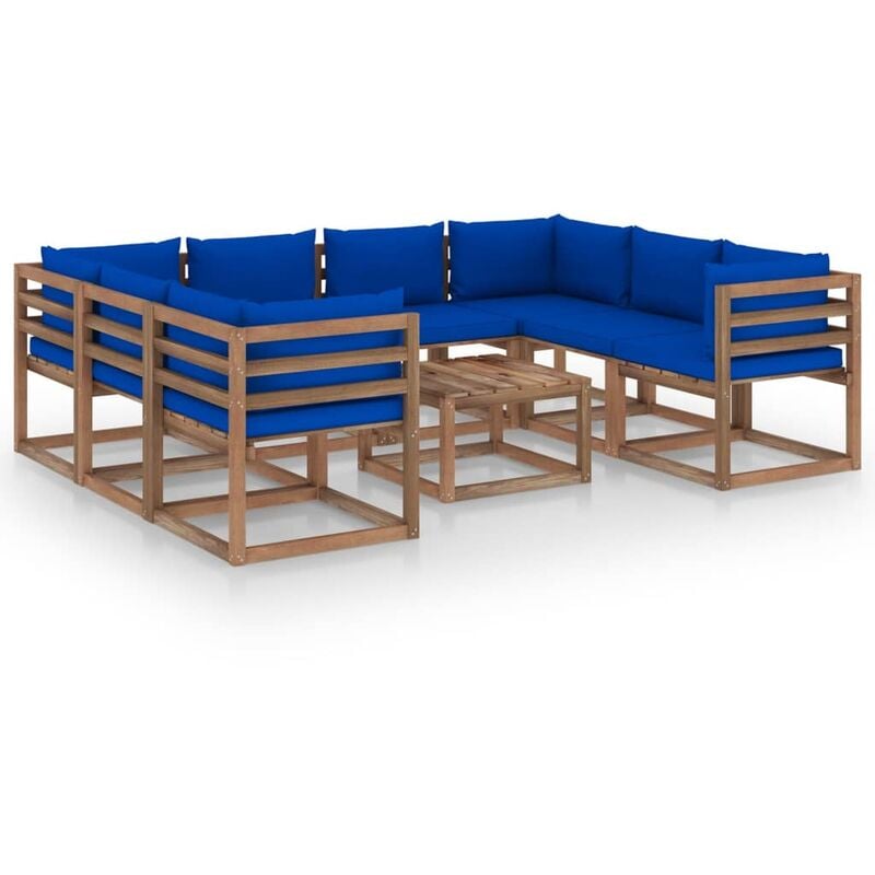 

Juego de muebles de jardín 9 piezas con cojines azul