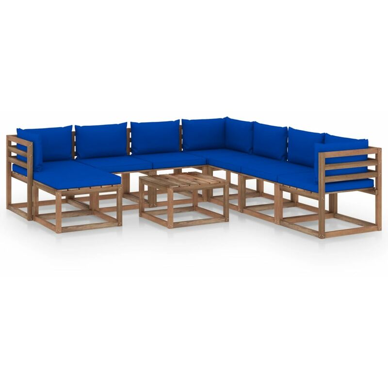 

Juego de muebles de jardín 9 piezas con cojines azul