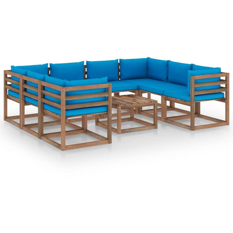 

Juego de muebles de jardín 9 piezas con cojines azul claro
