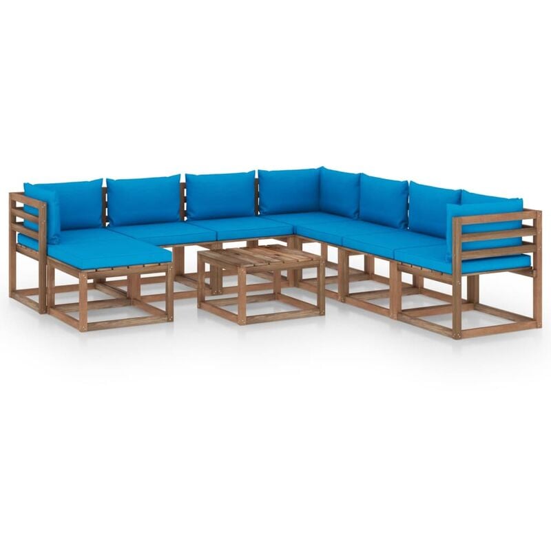 

Juego de muebles de jardín 9 piezas con cojines azul claro