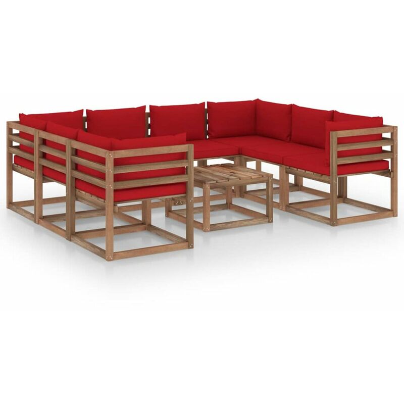 

Juego de muebles de jardin 9 piezas con cojines rojo