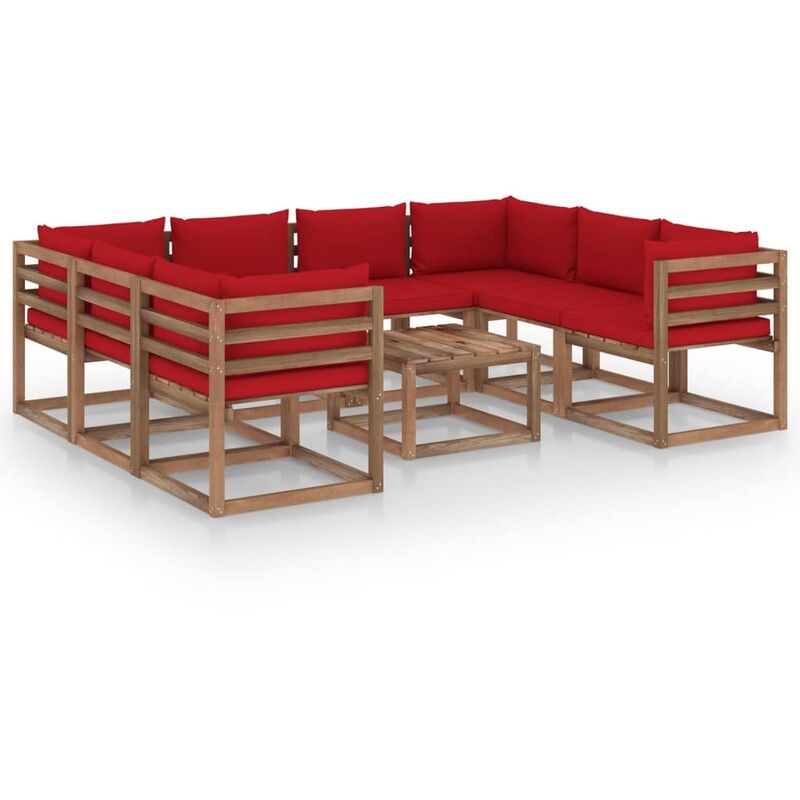 

Juego de muebles de jardín 9 piezas con cojines rojo