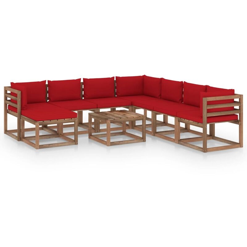 

Juego de muebles de jardín 9 piezas con cojines rojo