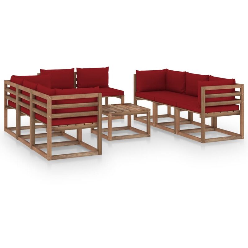 

Juego de muebles de jardín 9 piezas con cojines rojo tinto