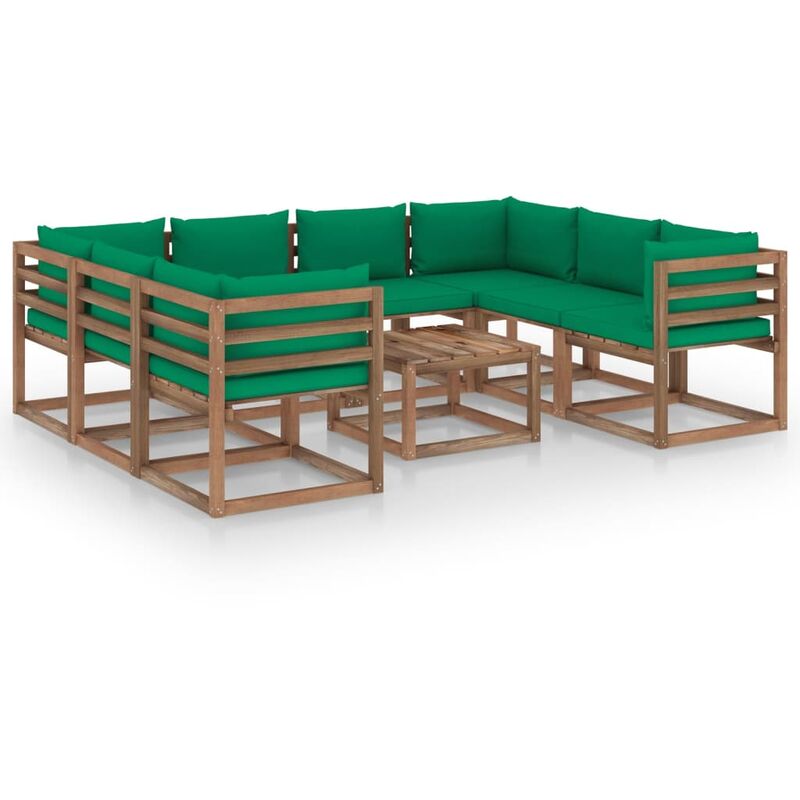 

Juego de muebles de jardín 9 piezas con cojines verde